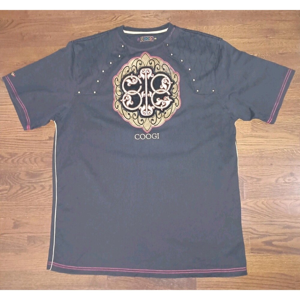 Coogi Shirt Mens 3XL XXXL Black Spell Out Logo Embroidered T-Shirt Y2K Hip Hop